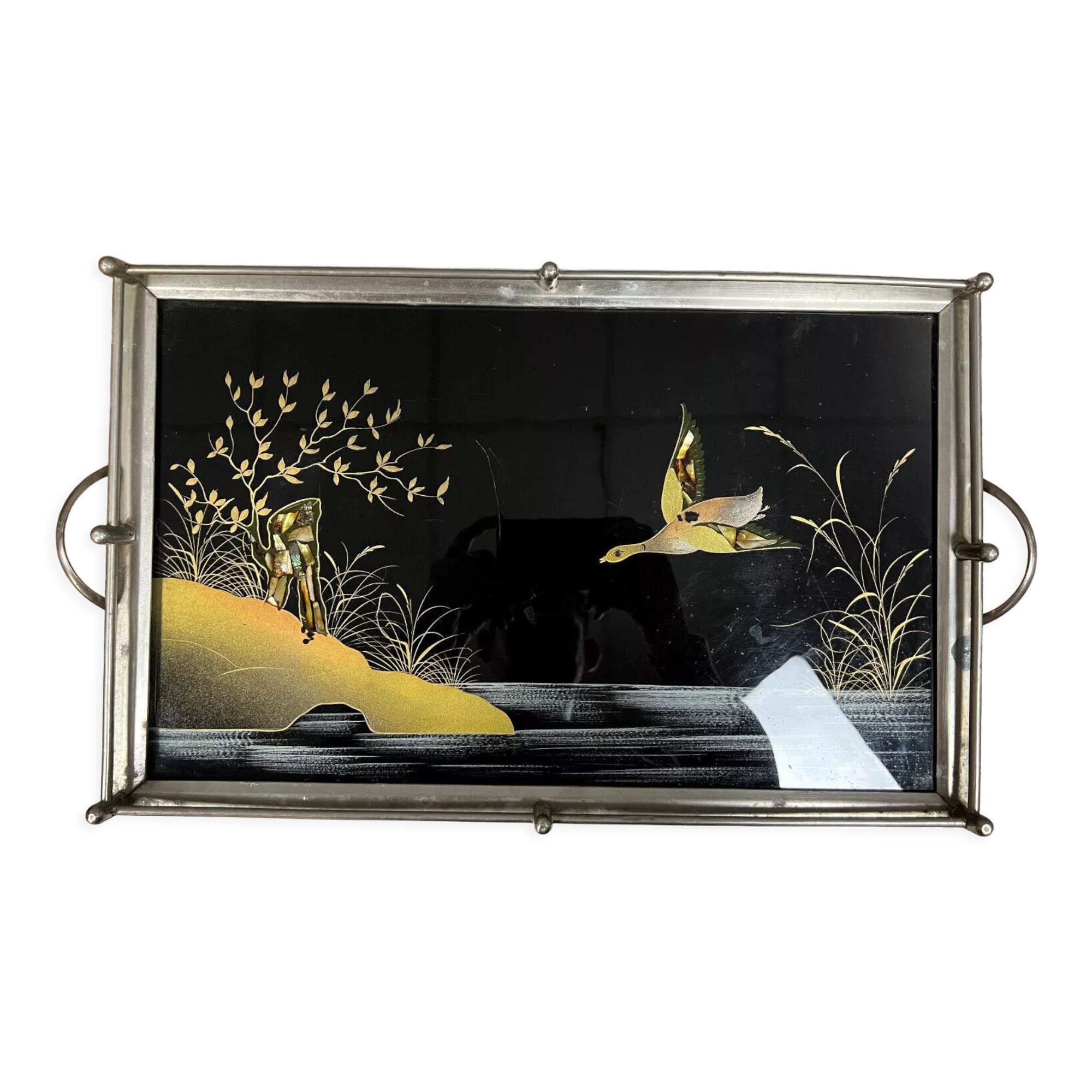 Art deco period serving tray with decoration fixed under glass