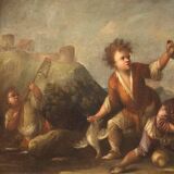 Painting oil on canvas landscape with children from the 18th century