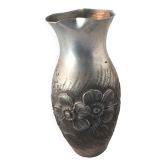 Repoussé pewter vase signed Bessa