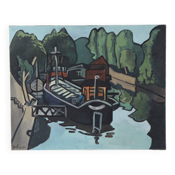 Oil on canvas Barges on the Seine, G. Delaire, 20th century