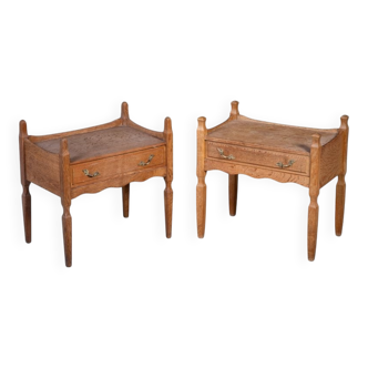 Brutalist Oak Bedside Tables attributed to Henning Kjærnulf, 1970s, Set of 2
