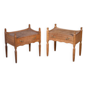 Tables de Chevet Brutalistes en Chêne attribuées à Henning Kjærnulf, 1970s, Set de 2