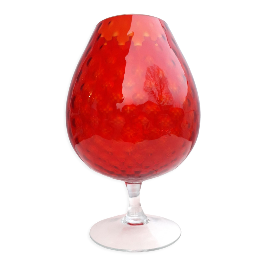 Vase En Verre Soufflé Rouge Sur Pied - Style Empoli Italie - 25 Cm De Haut - Occasion Parfait état