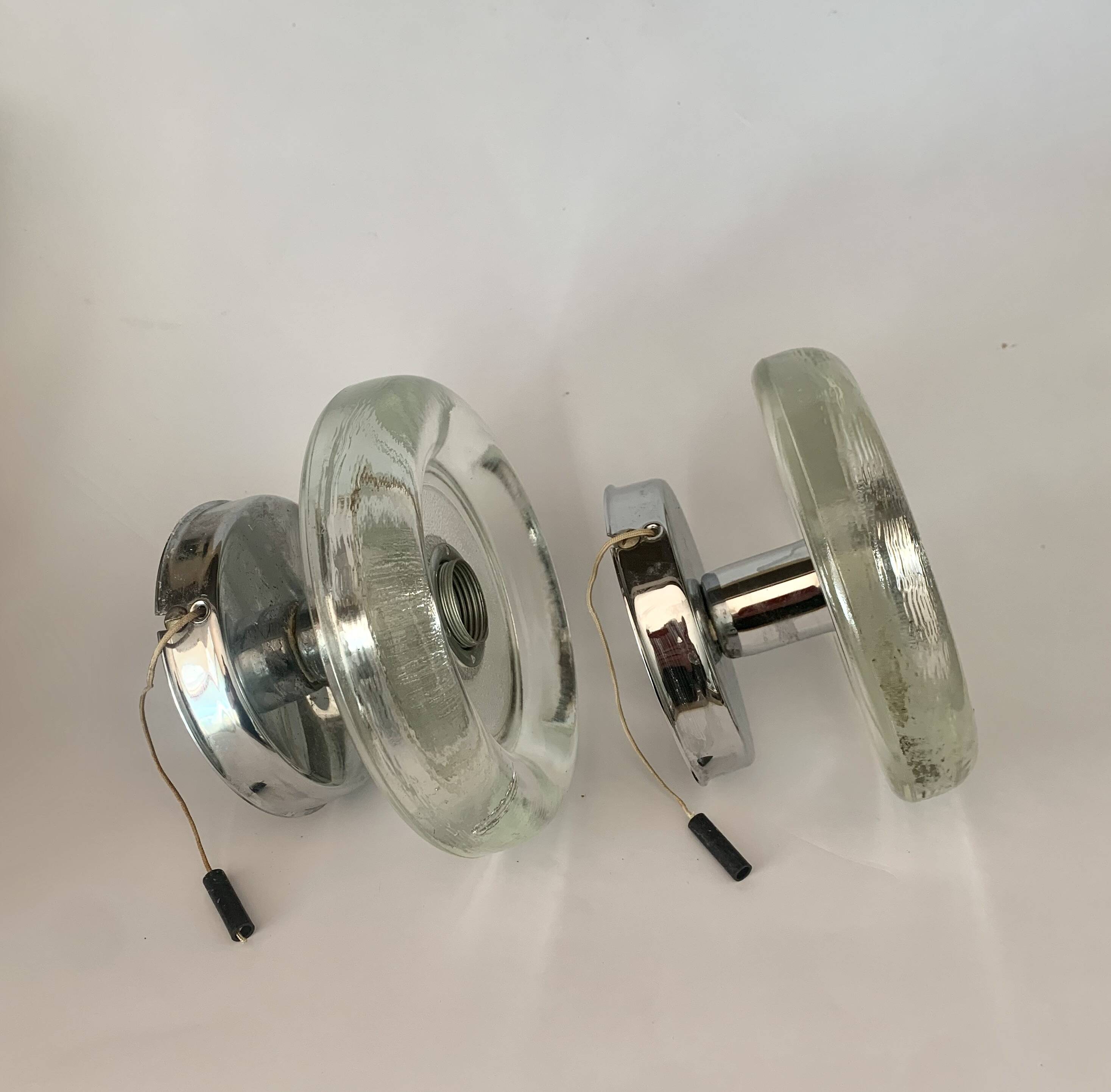 Pair of Mid-Century Wall Sconces in Glass and Chrome