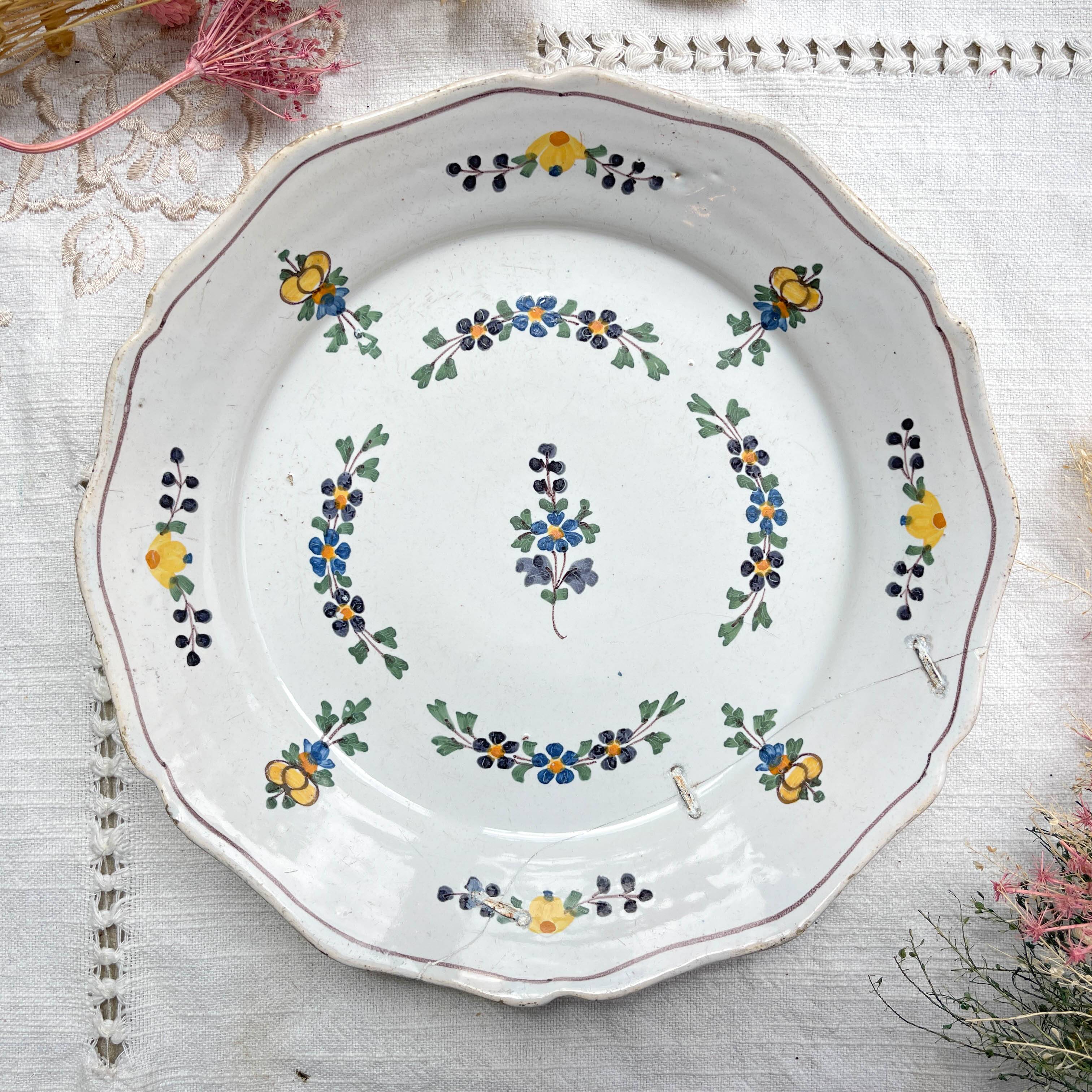 Antique French Earthenware Plate 18th Century NEVERS Small Blue Flowers