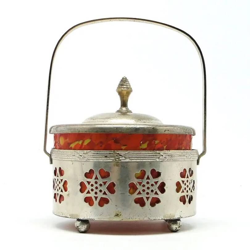 Art Nouveau sugar bowl, silver-plated brass, orange glass, Germany, early 20th century