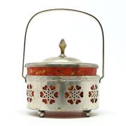 Art Nouveau sugar bowl, silver-plated brass, orange glass, Germany, early 20th century