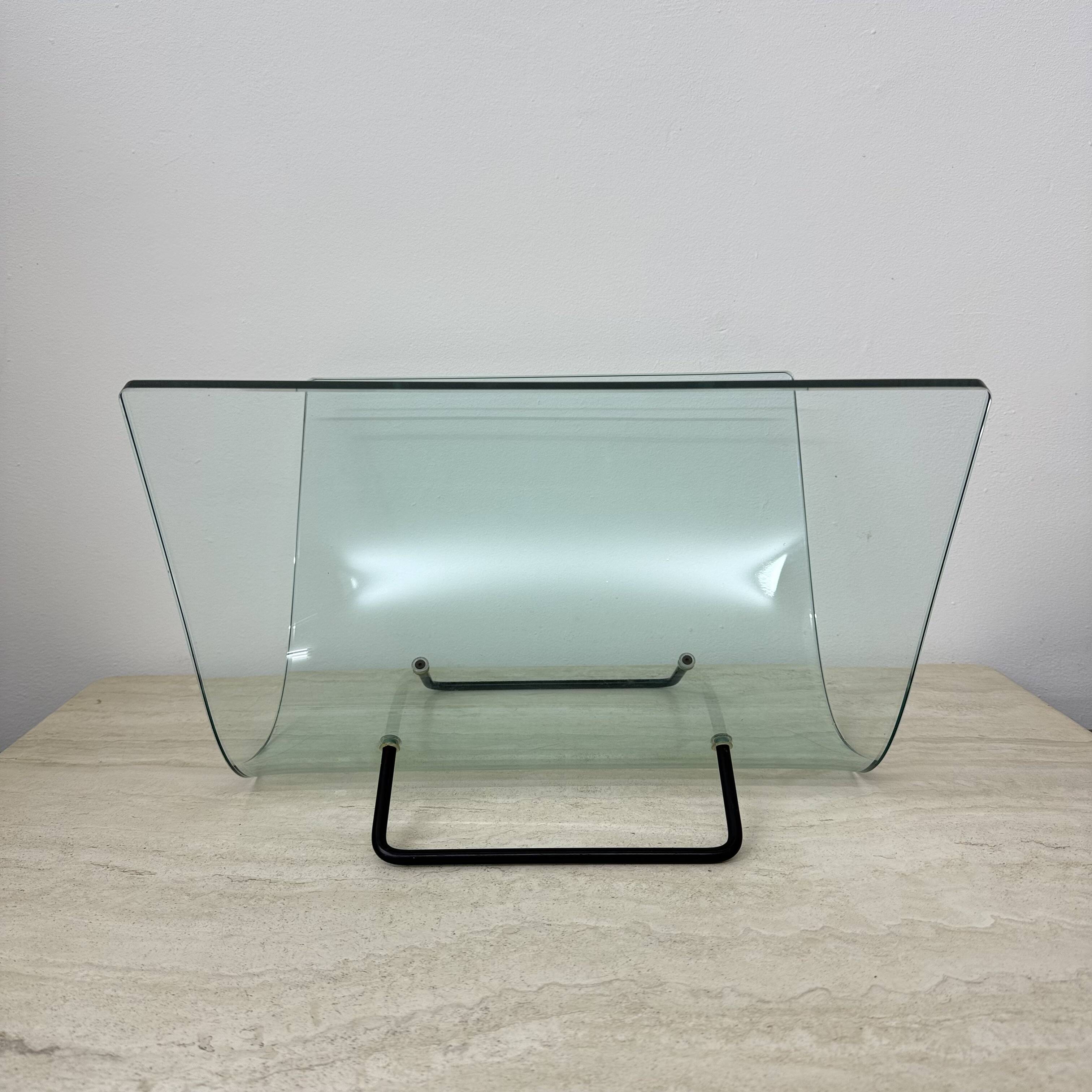 Post modern Fiam Italy curved glass magazine rack , 1980’s