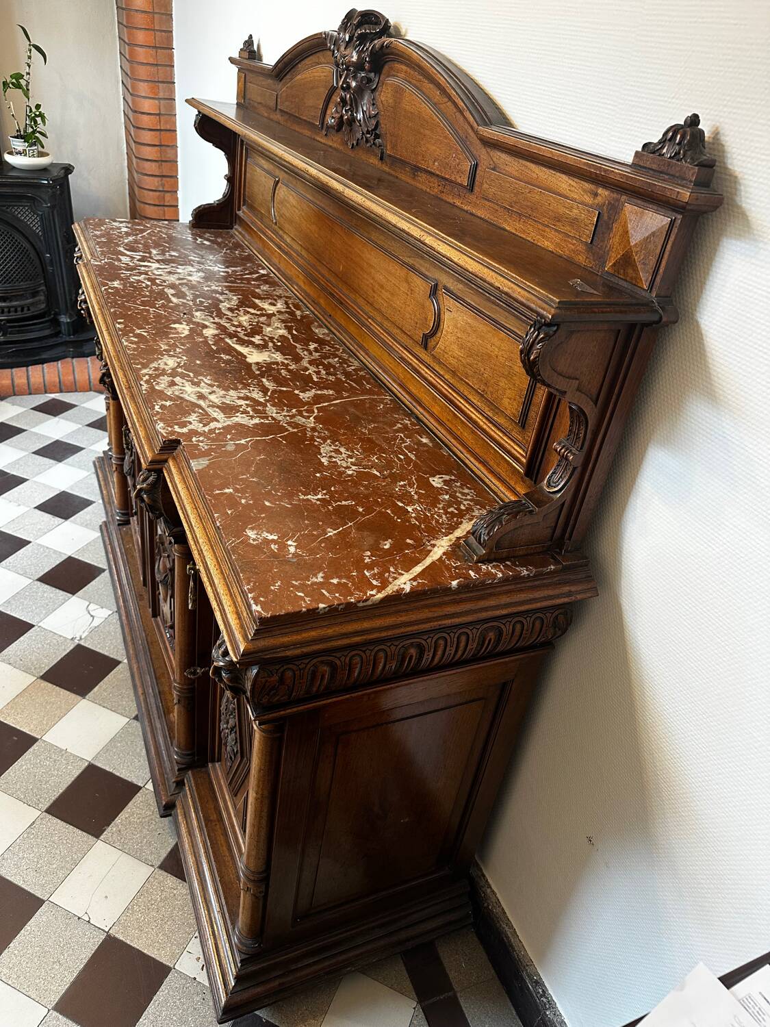 Two-part Renaissance-style buffet - Solid oak & marble, late 19th century