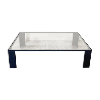 Coffee table 80s in metal and gridded glass