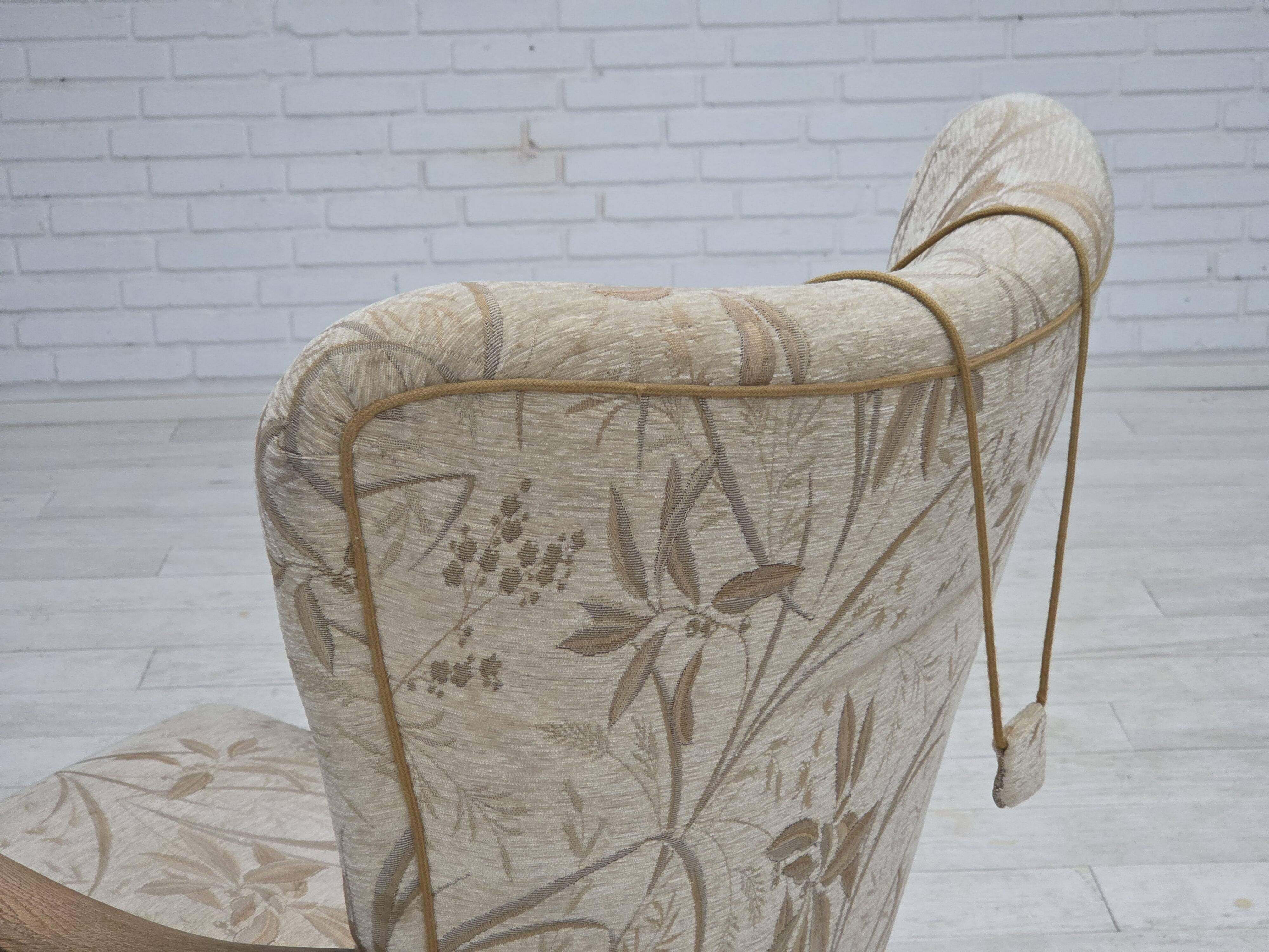 1960s, Danish armchair, beige/brown furniture fabric, carved oak wood.