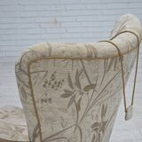 1960s, Danish armchair, beige/brown furniture fabric, carved oak wood.