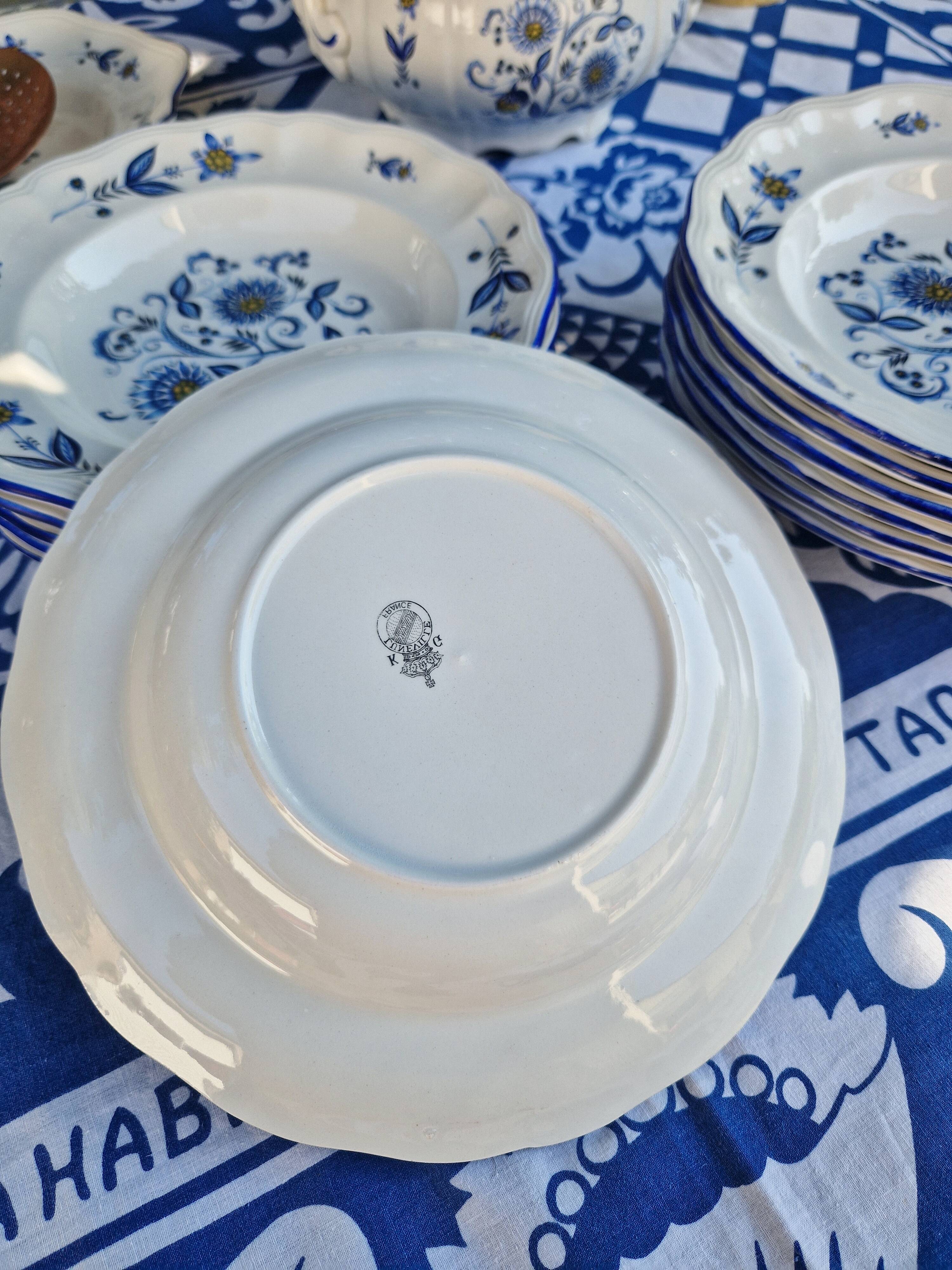 Lot de 6 assiettes creuses KG Lunéville liseré bleu et fleurs jaunes et bleu jaune