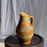 Vintage yellow stoneware carafe with beaded friezes Made in France H22