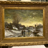 Oil on canvas "Snowy village animated by characters" XX century
