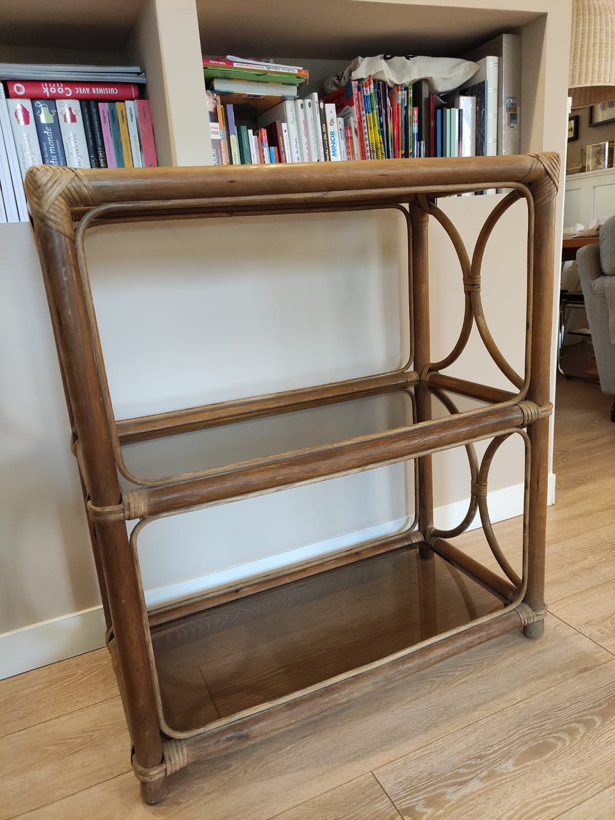 Rattan bookcase shelf and vintage smoked glass