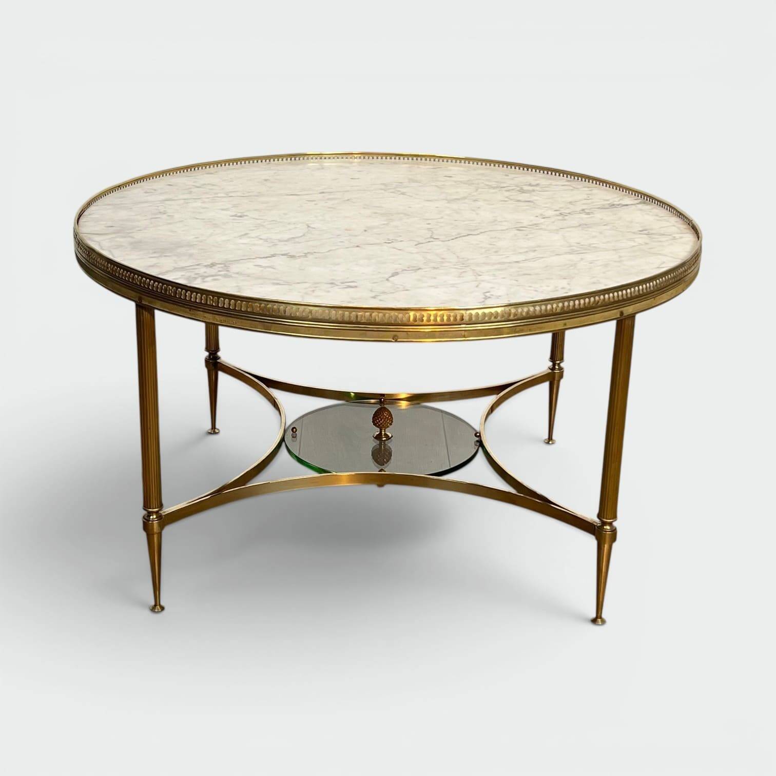 Neoclassical Round Coffee Table in Brass with Beaded Gallery. Marble Top