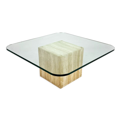 Table basse en verre faite à la main du milieu du siècle avec base en travertin, années 1960