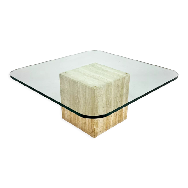 Table basse en verre faite à la main du milieu du siècle avec base en travertin, années 1960