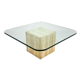 Table basse en verre faite à la main du milieu du siècle avec base en travertin, années 1960