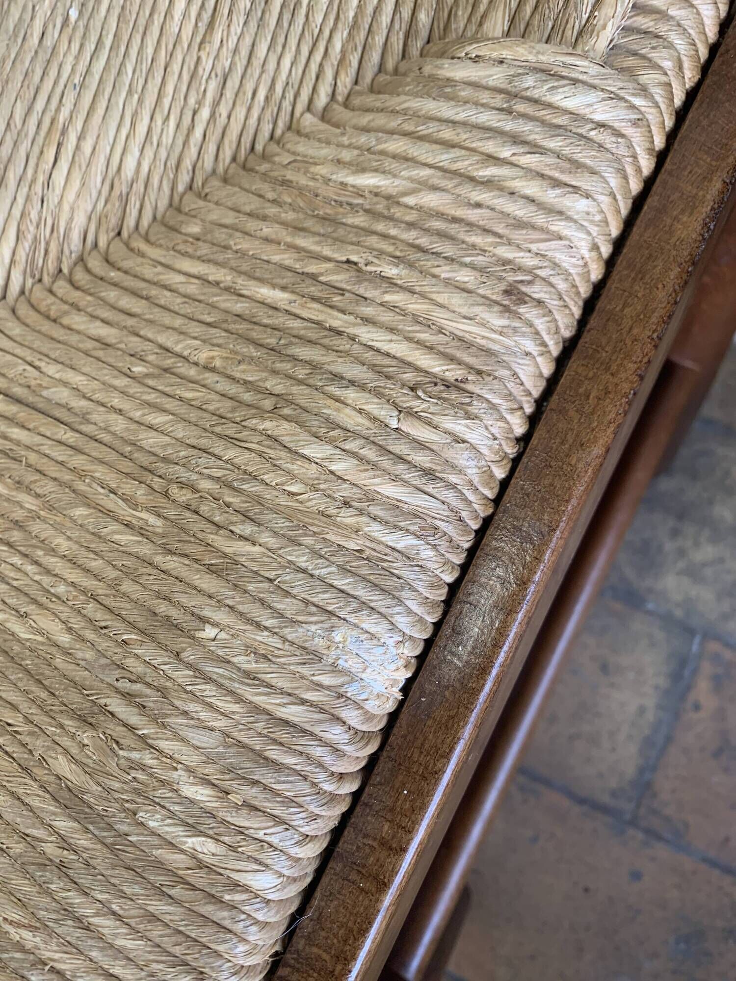 Pair of 20th century wooden stools with straw seats