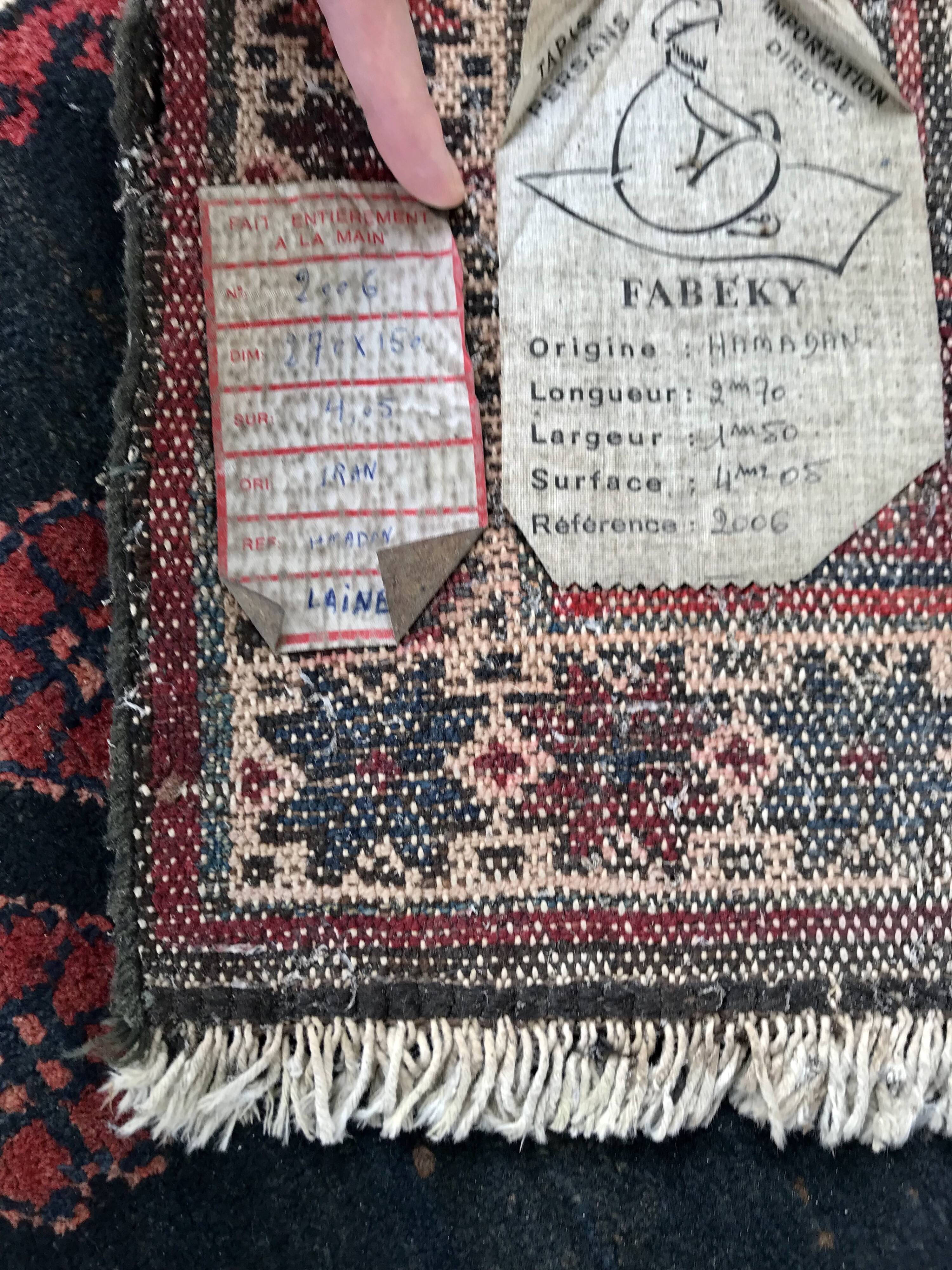 Old certified hand-knotted Persian Hamadam rug, wool on cotton weft, 150x270cm