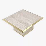 1970s square coffee table in travertine and brass