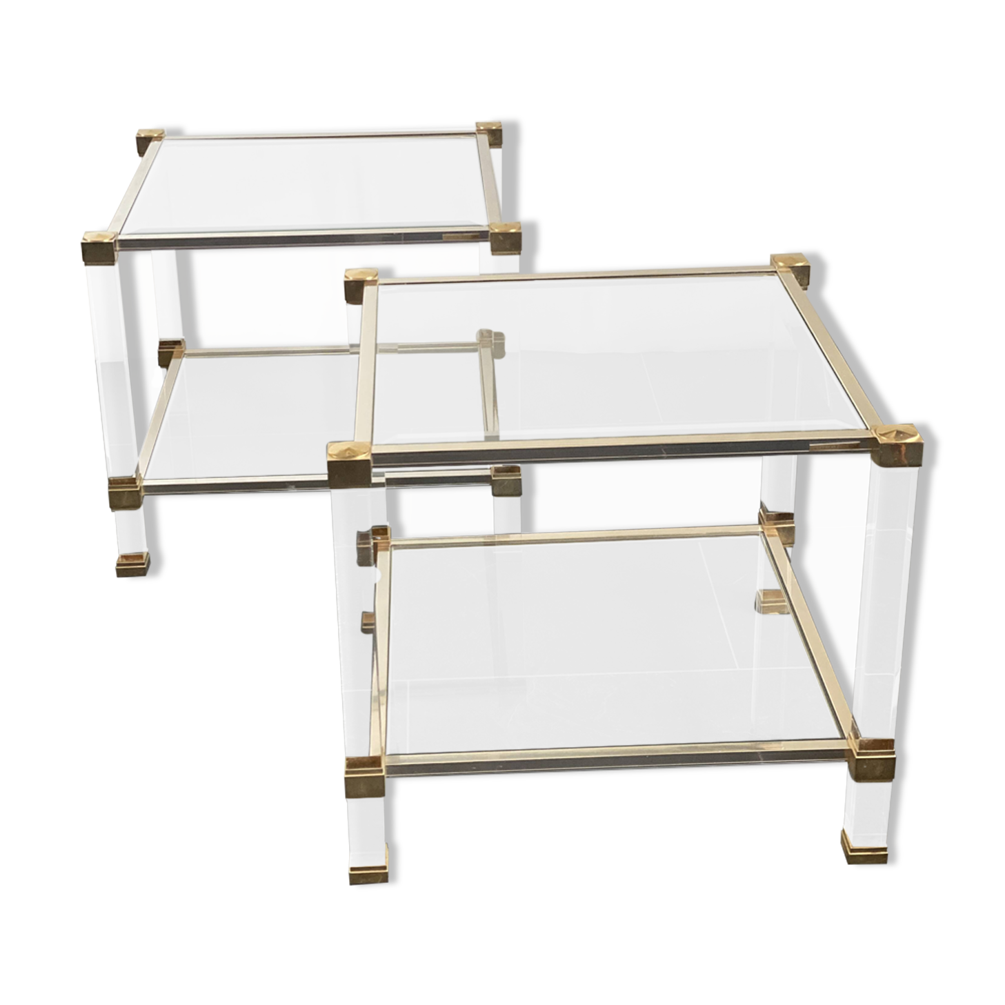 Pair of vintage and brass glass hollywood regency side tables by peter vandel