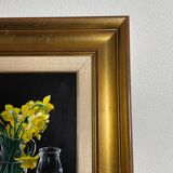 Oil on canvas signed Jordi Vall Escriu Yellow narcissus and two cups