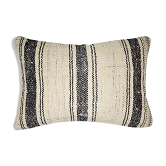Turkish kilim rug pillow in natural, tribal farmhouse decor, wool lumbar cushion cover 14'' x 20'' (35 x 50 cm)