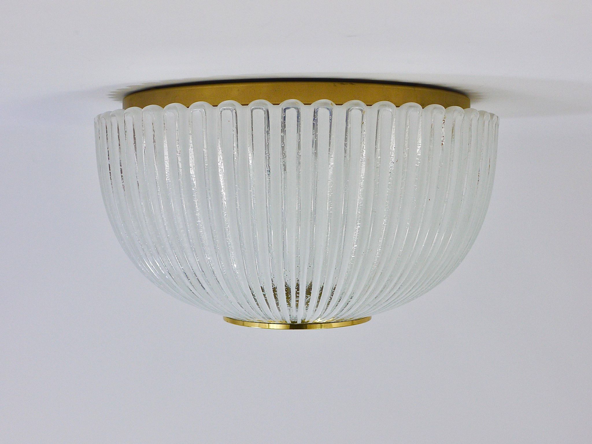 Large striped glass ceiling lamp in brass, Limburg, Germany, 1970s.