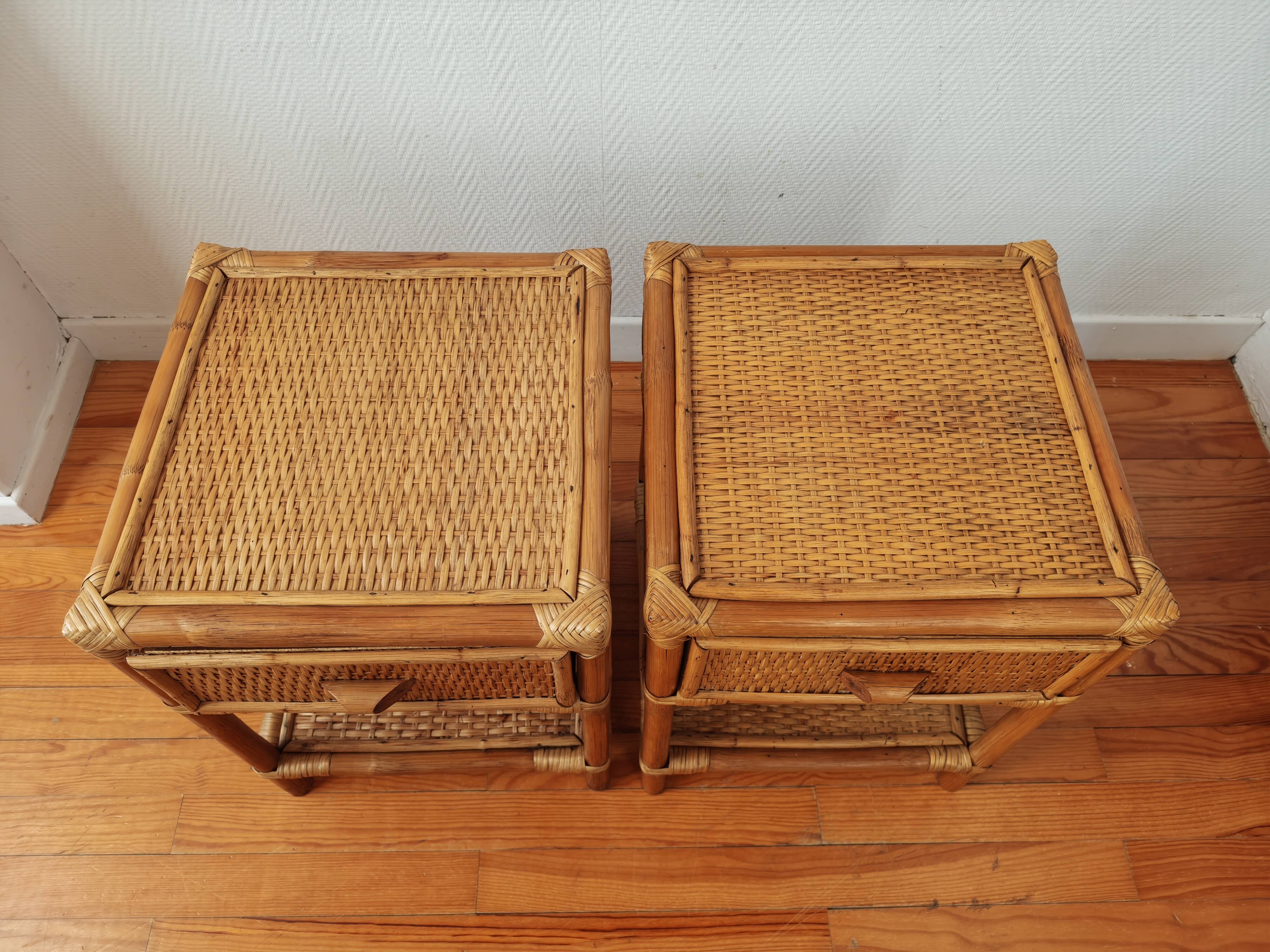 Pair of bedside tables in rattan and wicker - circa 1970