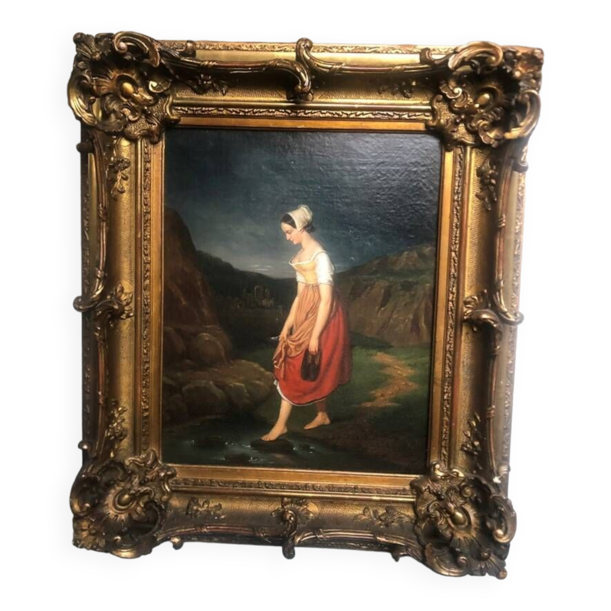 Oil on canvas 19th century "Breton woman crossing a stream"