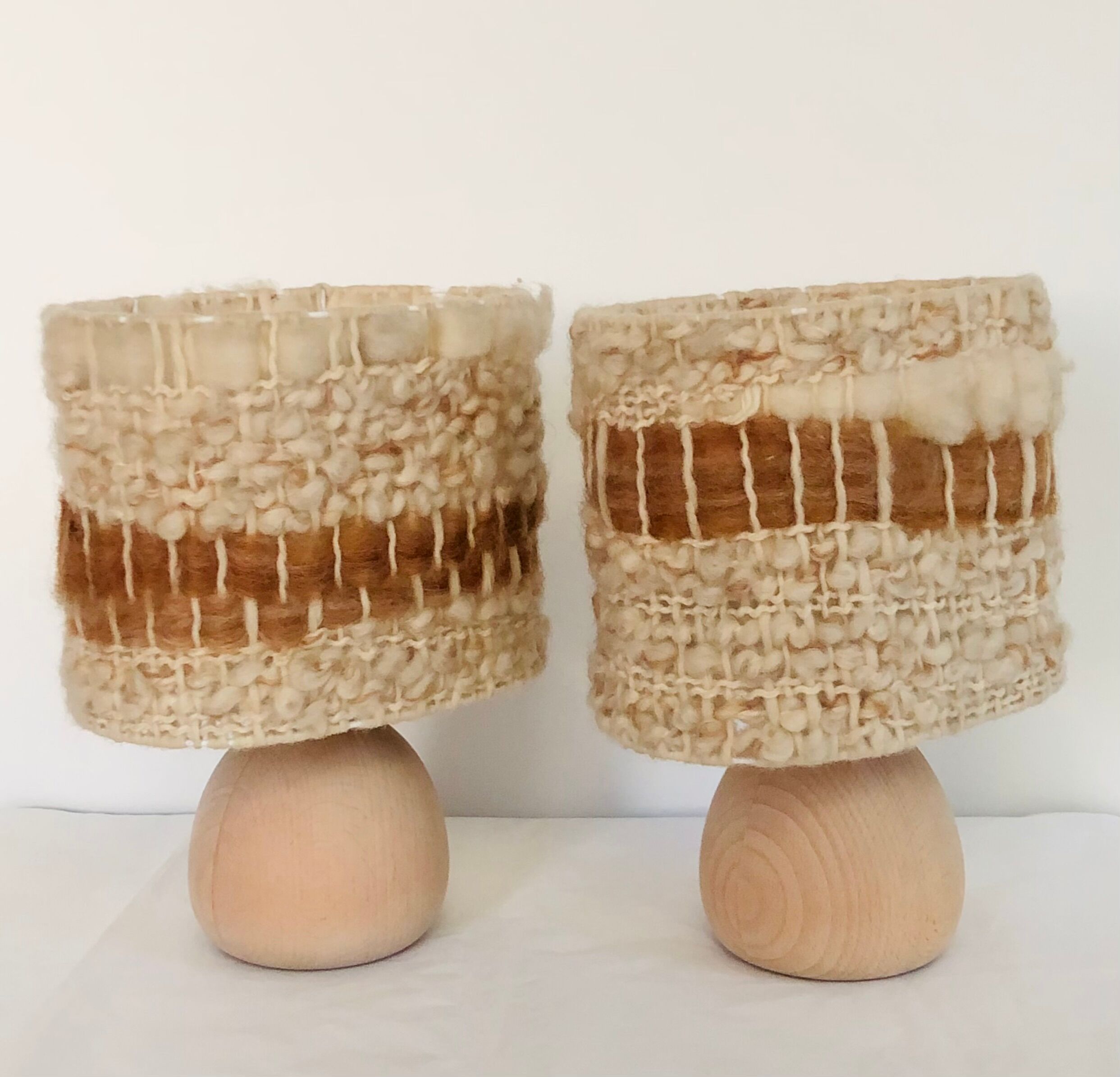 Vintage table lamps wood and wool, France 60s