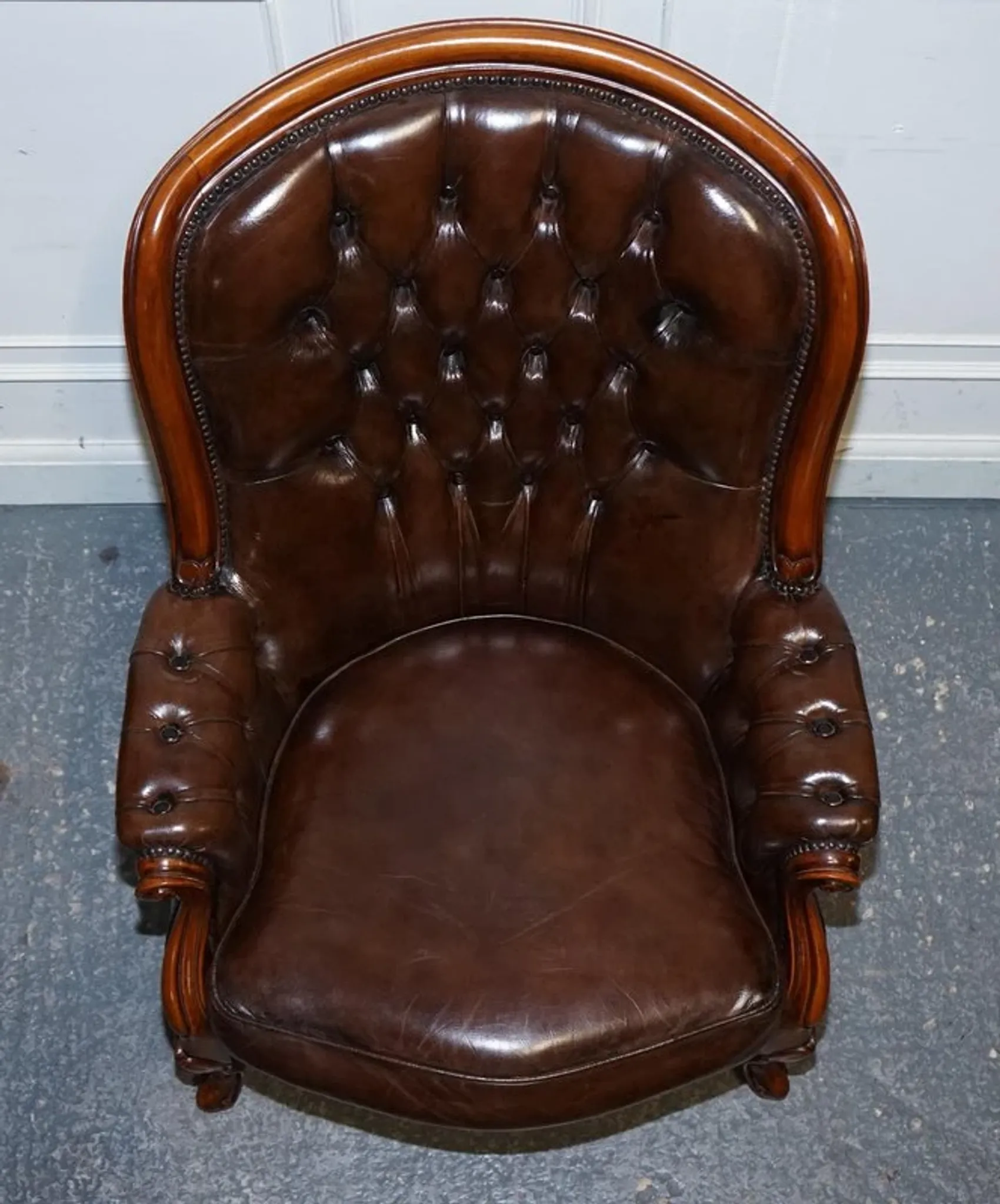 Victorian Chesterfield Leather Dyed Armchair and Ottoman Set