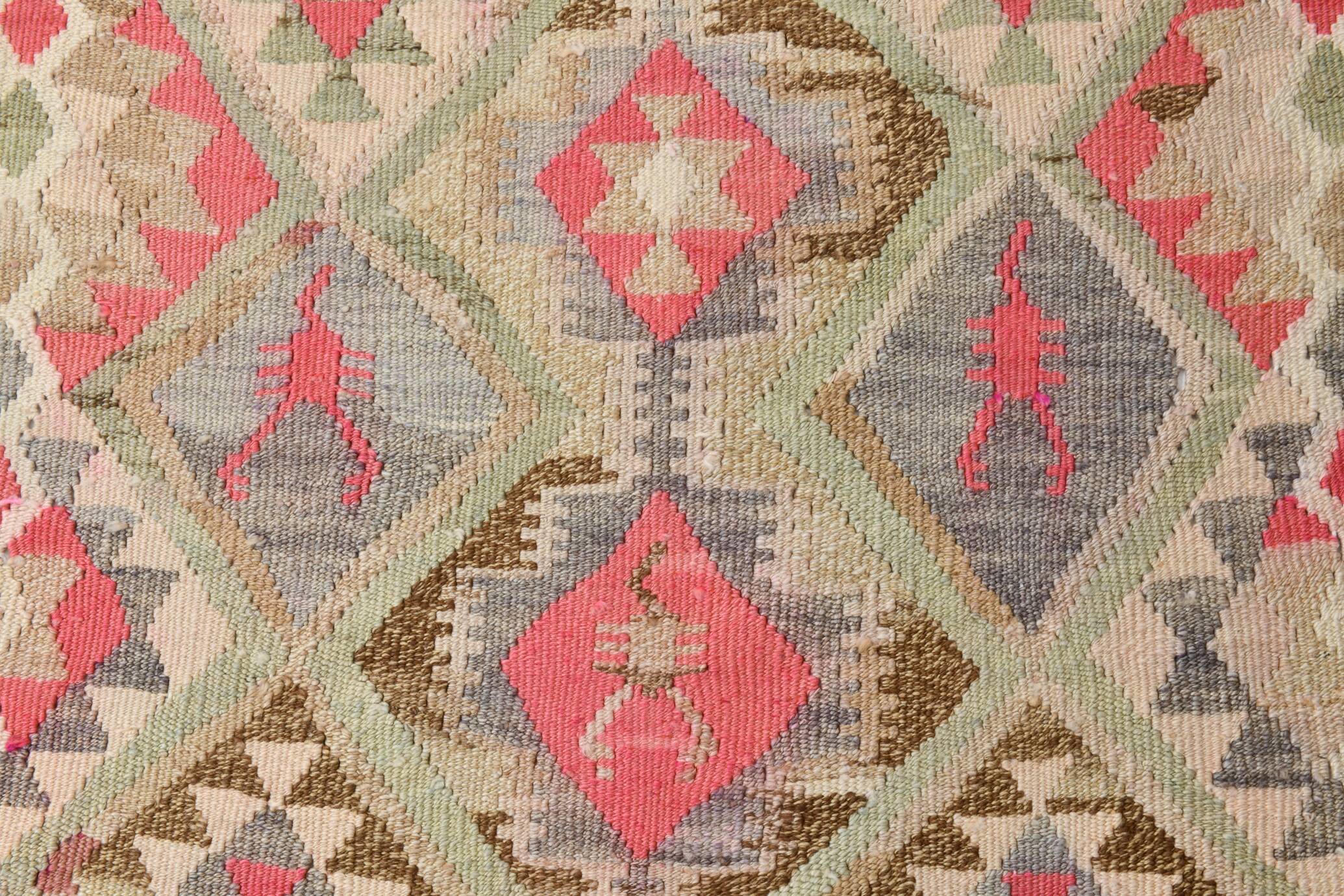 Pink & Cream Kilim Runner Rug, 94.378Cm