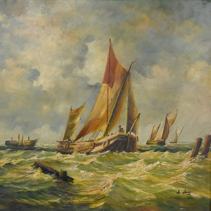 Tableau "Sailboats in Rough Seas" signed Albert Hess – Mid 20th century