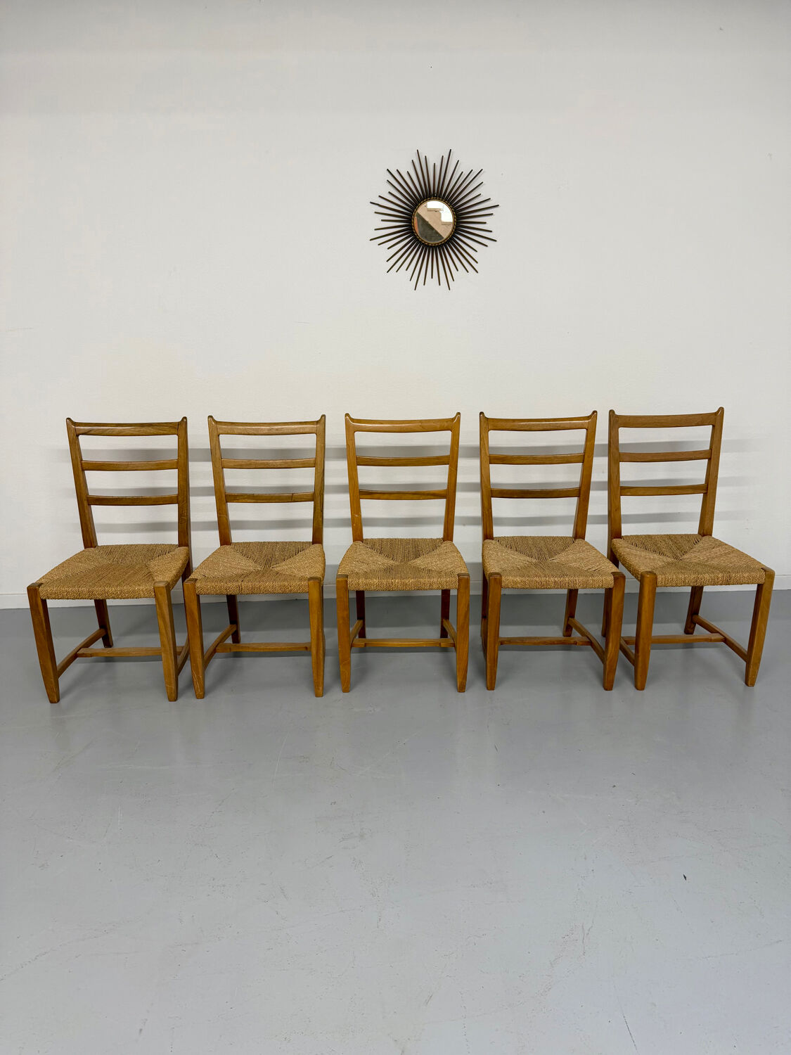 Set of 5 wooden chairs with rope seats, Scandinavian design, 1970s