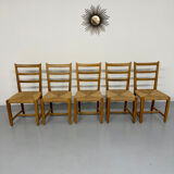 Set of 5 wooden chairs with rope seats, Scandinavian design, 1970s