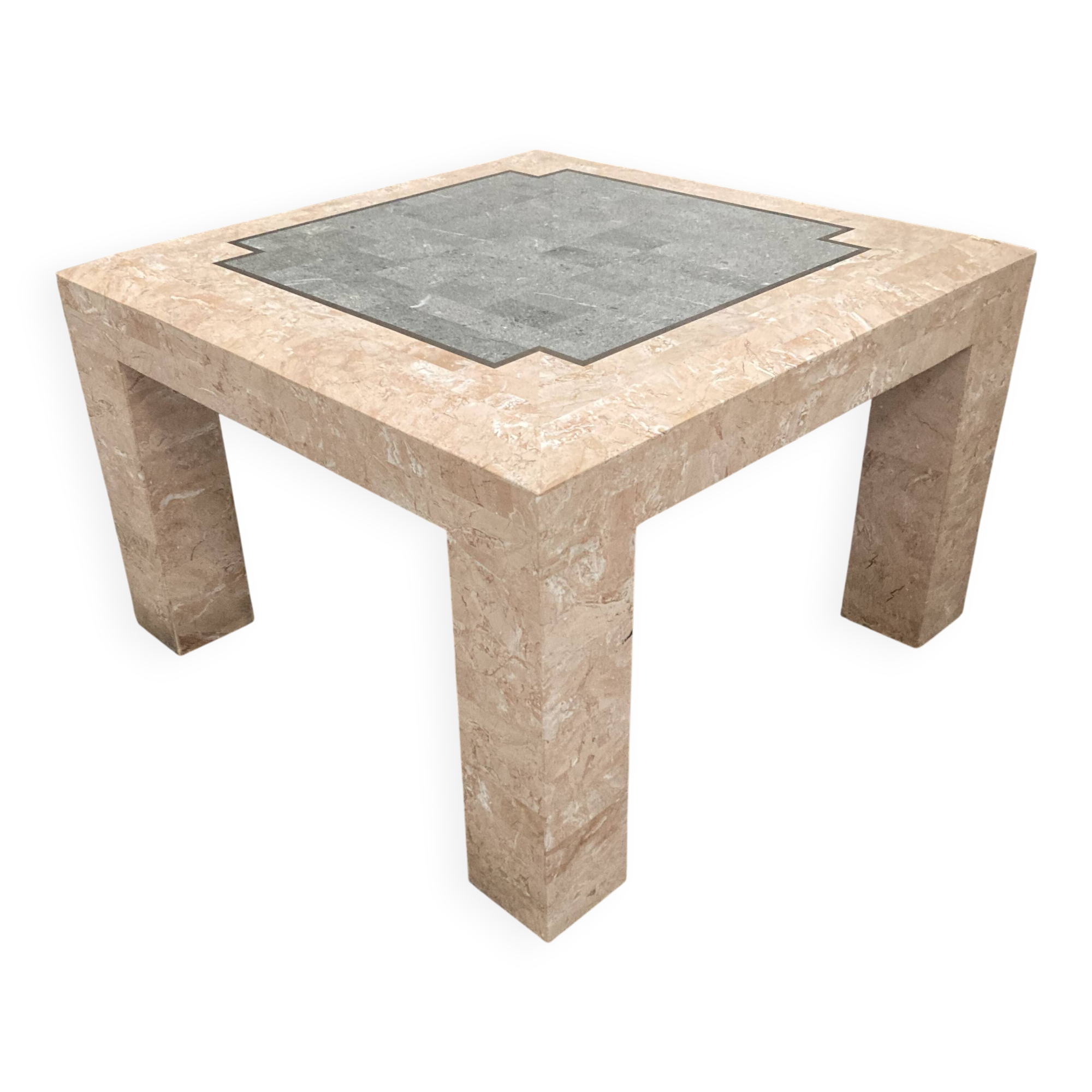 Marble mosaic coffee table '80, salmon and green with brass