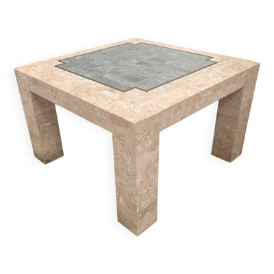 Table basse en mosaïque de marbre '80, saumon et vert avec laiton