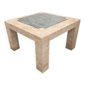 Table basse en mosaïque de marbre '80, saumon et vert avec laiton