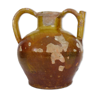 Orjol pichet à eau poterie en terre cuite jaune vernissé, sud ouest. XIXème