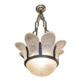 Art Deco chandelier, sandblasted pressed glass, nickel-plated bronze 1930