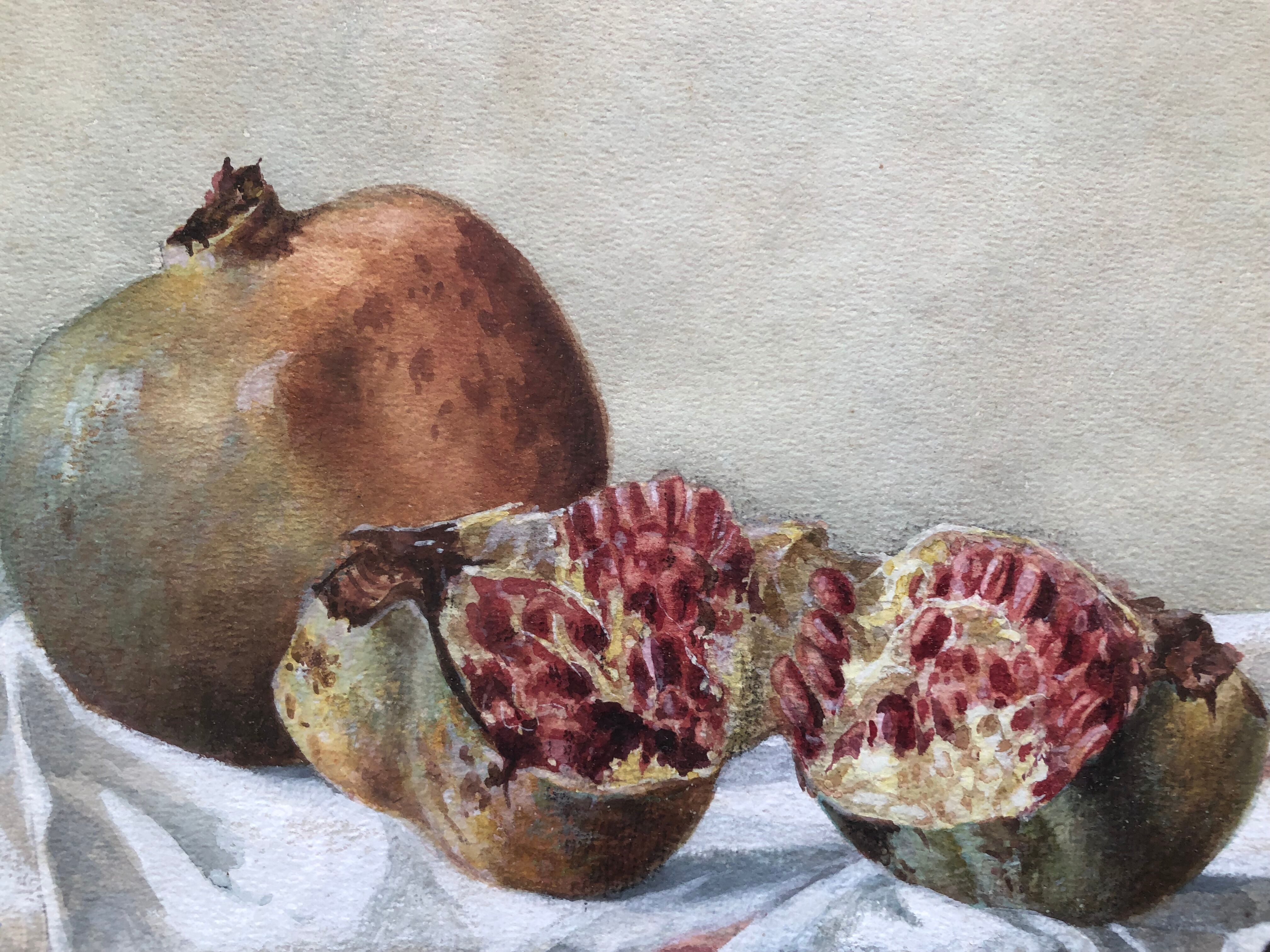 Watercolor "les grenades" signed e. fournillier 1915, in gilded wood frame, still life, perpignan 66