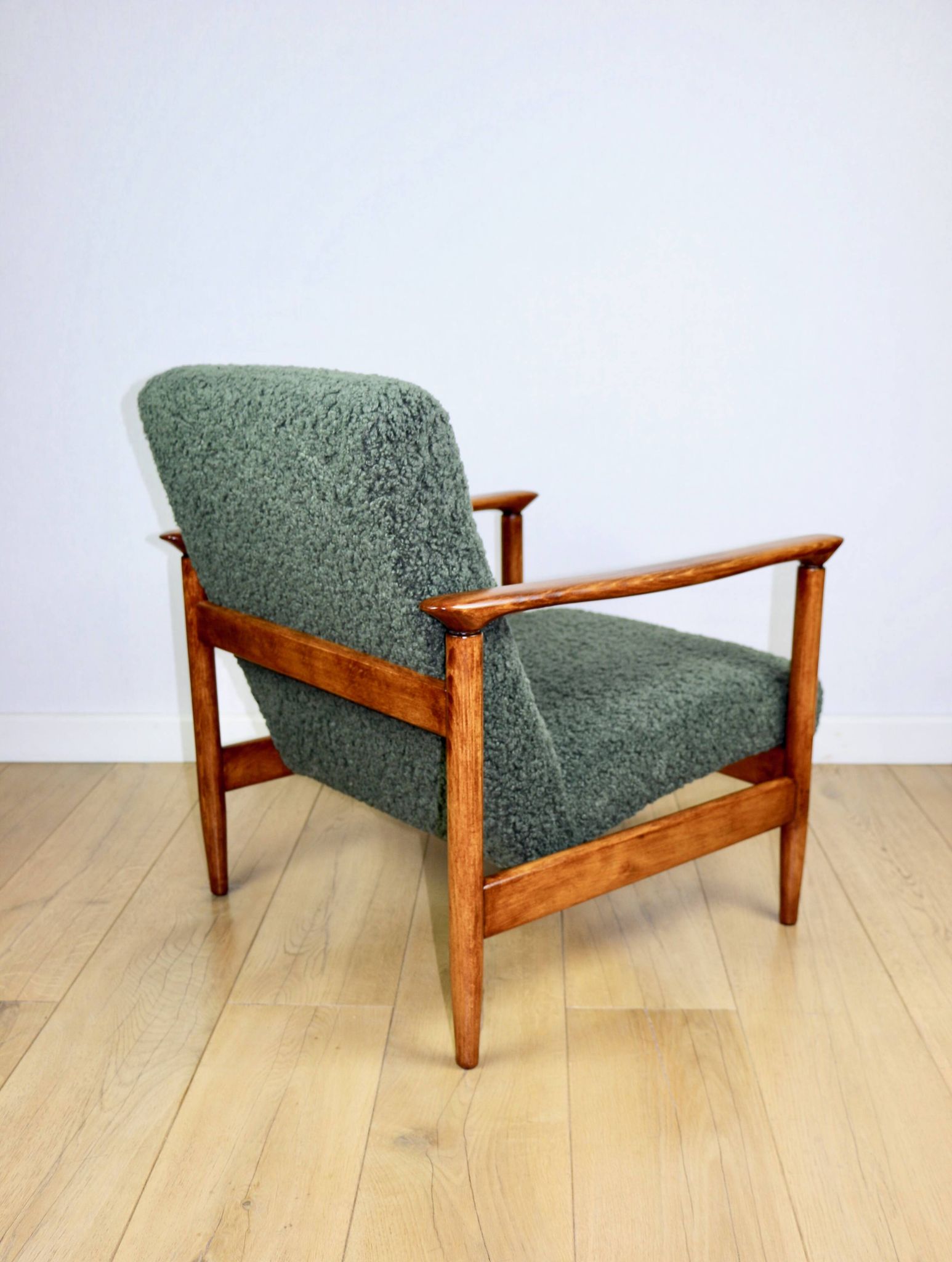 GFM-142 armchair, design by Edmund Homa from the 70s, olive green thick boucle - 2 pieces available