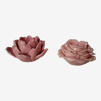 Bougeoirs rose forme artichaut en barbotine