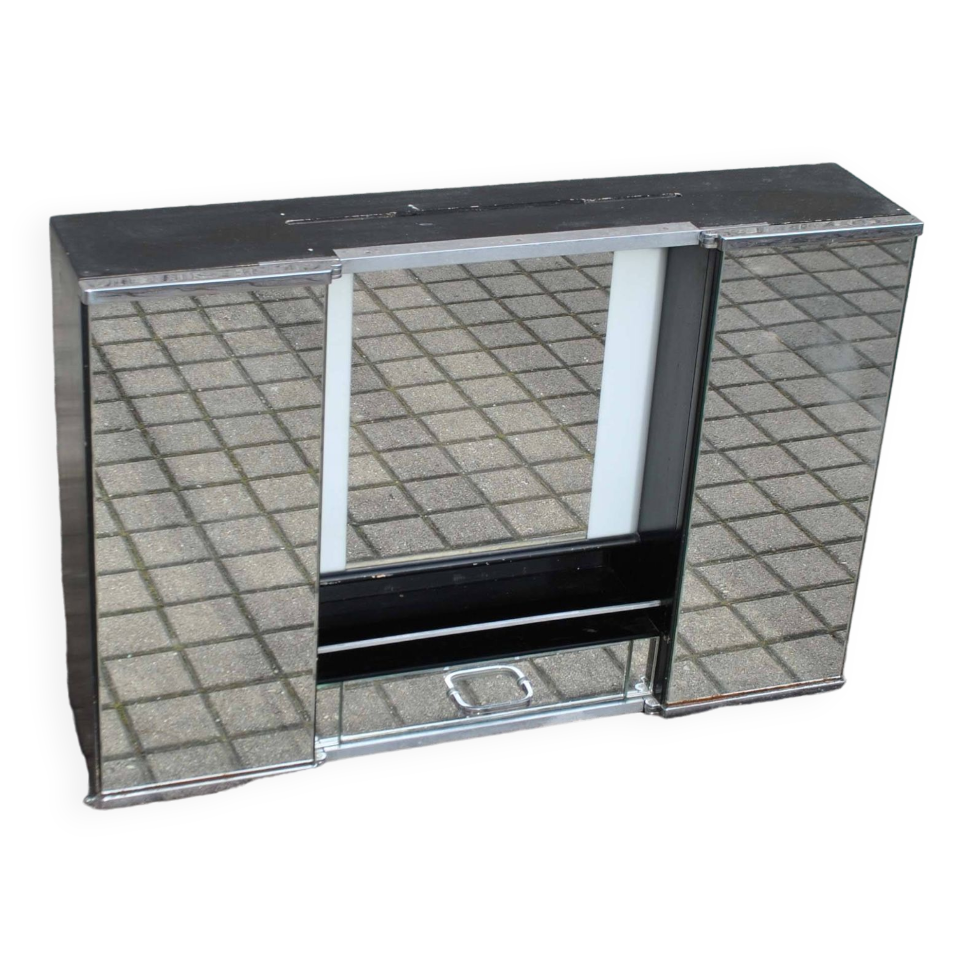 Vintage mirror cabinet in wood and chrome metal - backlit dressing table shelf 1950-1960