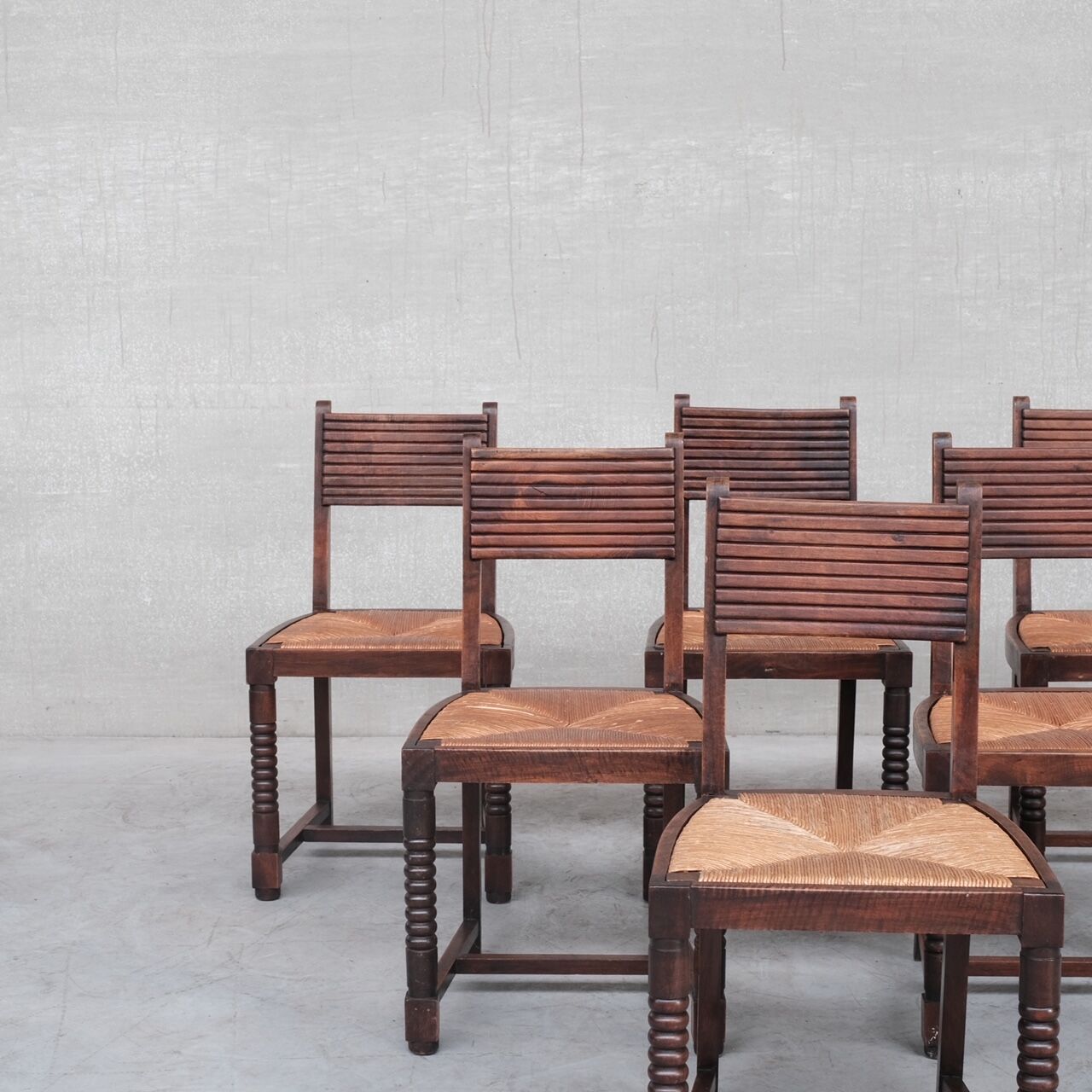 Set of six rush mid-century dining chairs