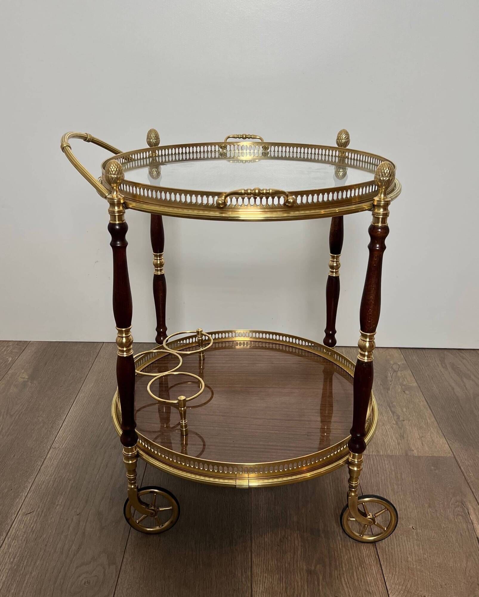 Oval Rolling Table in Brass and Mahogany with Openwork Gallery and Bottle Holder